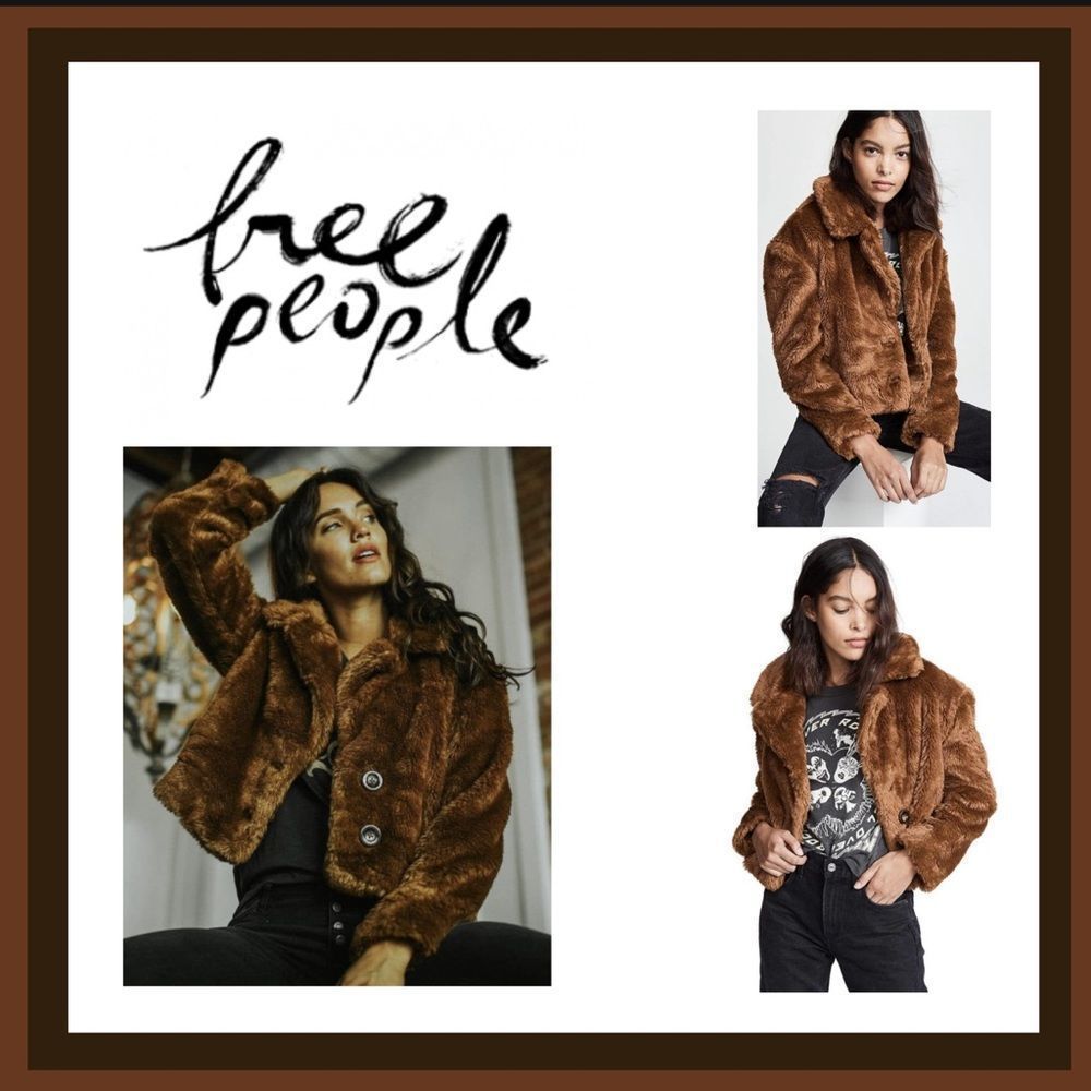 Free People Mena Faux Fur Cropped Teddy Jacket in Brown Size Medium